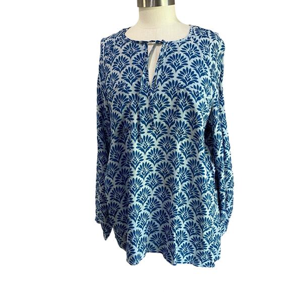 J. Jill Pure Blue Boho Print 100% Modal Rayon Front Neck Tie Blouse Sz L - Picture 1 of 7